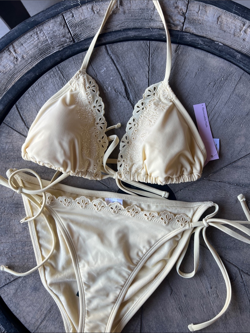 Really cute tie front Cream Yellow Lace design Trim Triangle Bikini medium